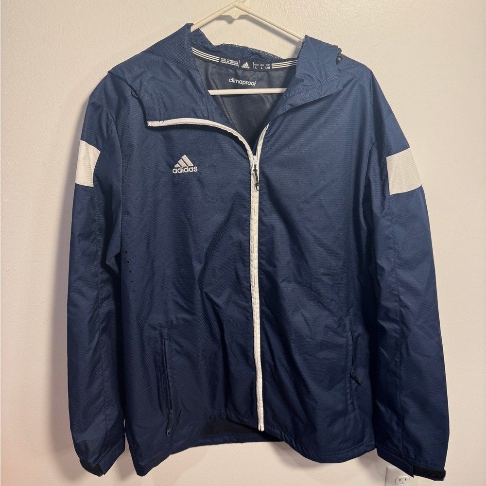 Adidas Climaproof Windbreaker Jacket Mens Large Navy Blue White Full Zip Hooded